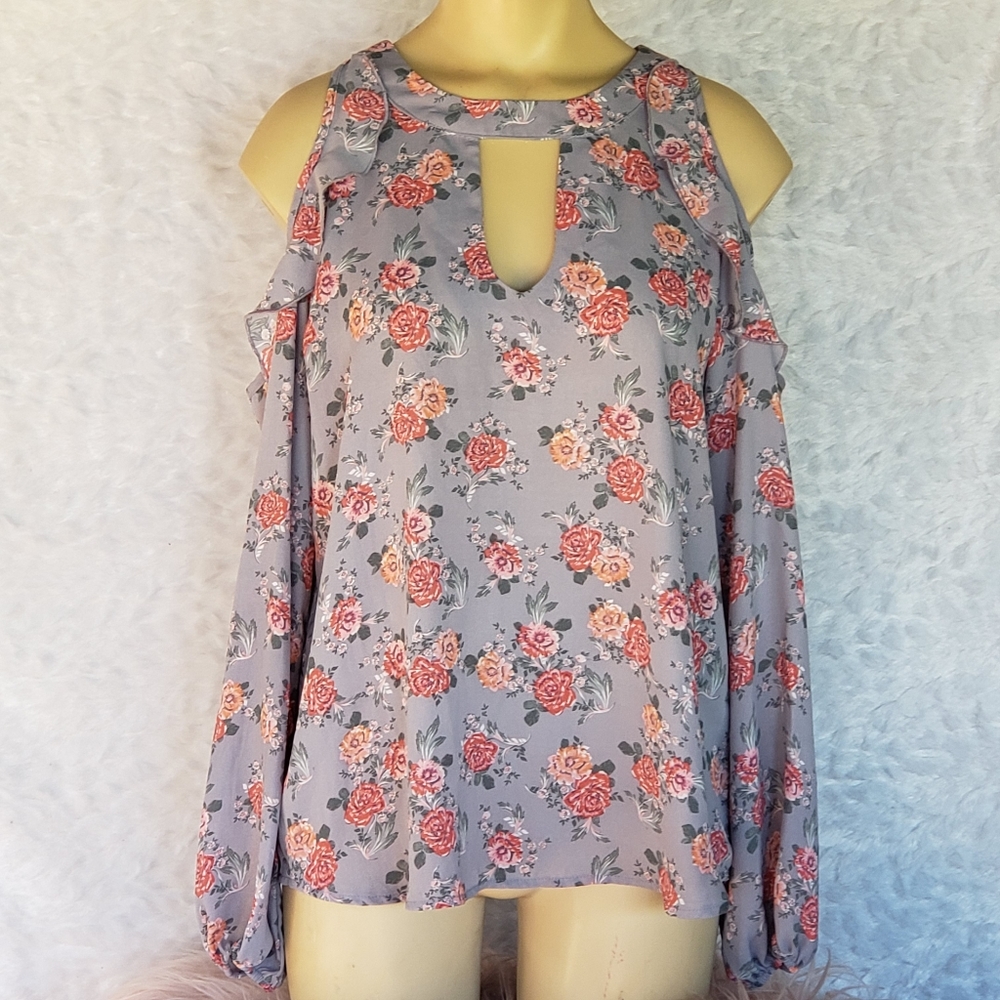 Gray Cold Shoulder Long Sleeve Floral Blouse